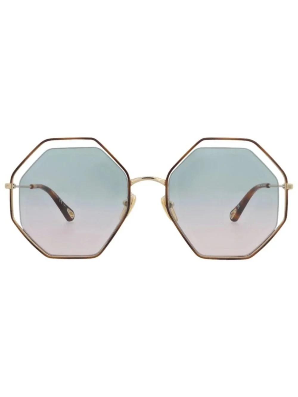New Chloé Women's Sunglasses Square Rectangle Metal Frame Havana Gold Green